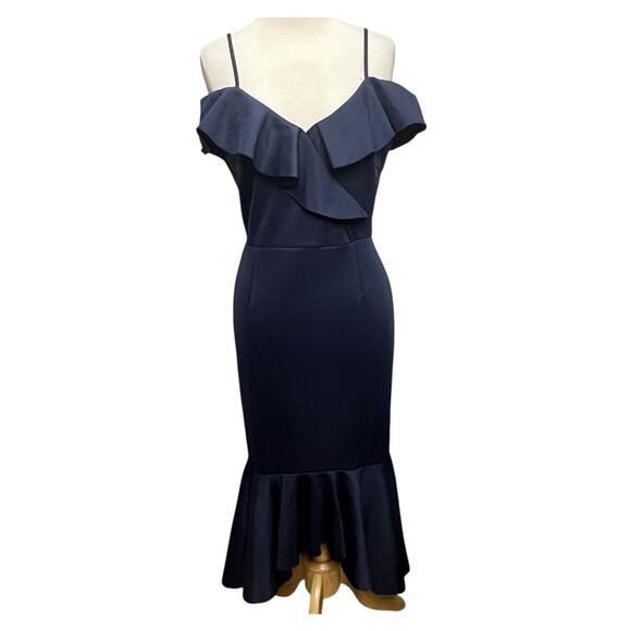 VENUS Midi Dress M Navy Blue Cold Shoulder Ruffled Mermaid Fit Flare Cocktail - Picture 1 of 15